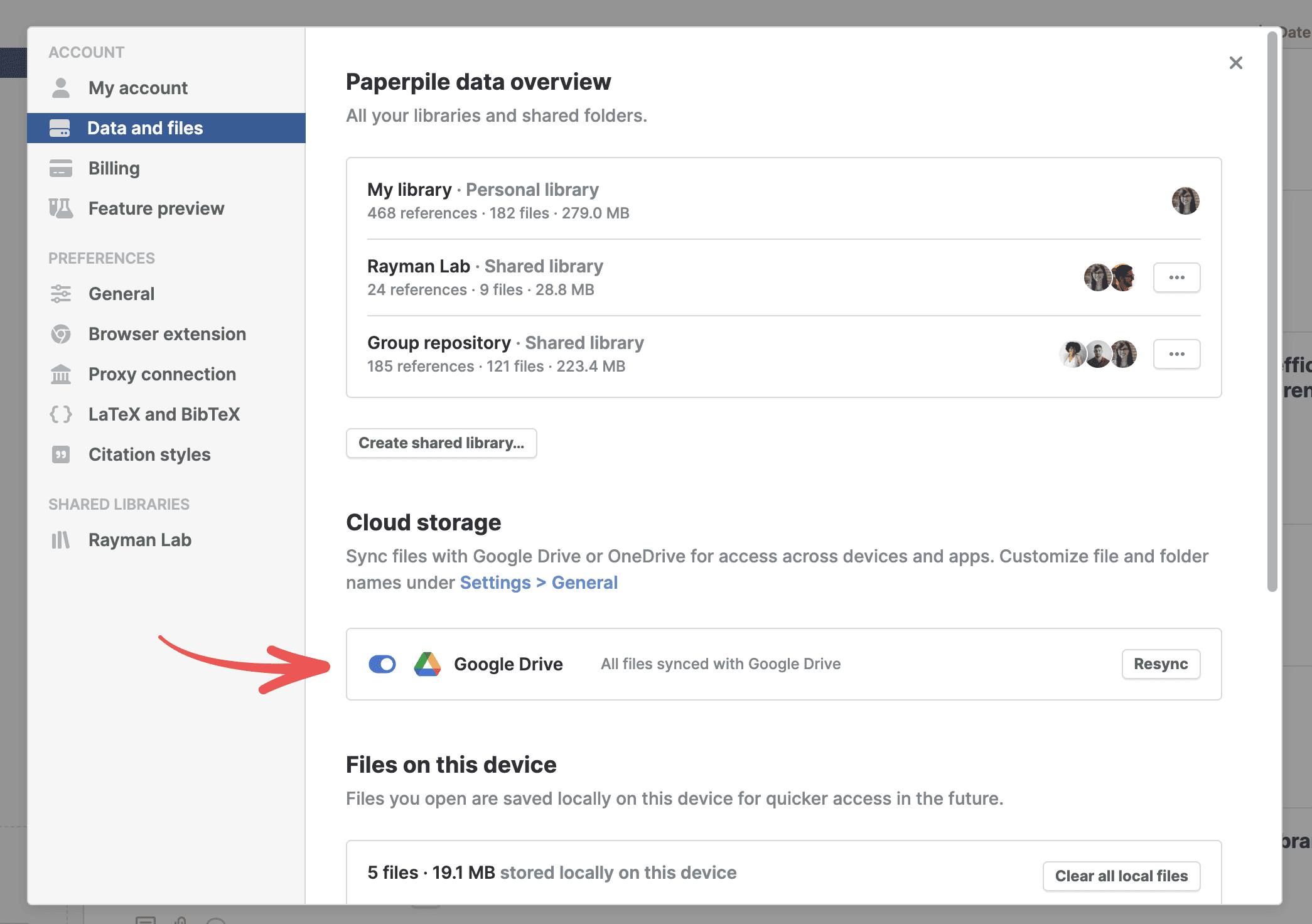 Settings › Data and files showing a Paperpile data overview of the personal library and two shared libraries, with a red arrow pointing to the Google Drive toggle under Cloud storage, switched on and reading “All files synced with Google Drive”.